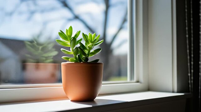 A succulent plant in a terracotta pot sitting on a windowsill with natural sunlight