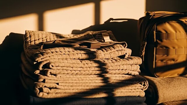 Soft blankets stacked next to a beige backpack bathed in warm sunlight, casting shadows
