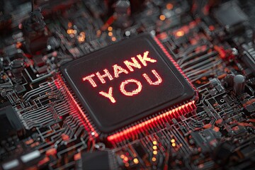Close-up of a computer circuit board with a CPU displaying "THANK YOU" in glowing red text