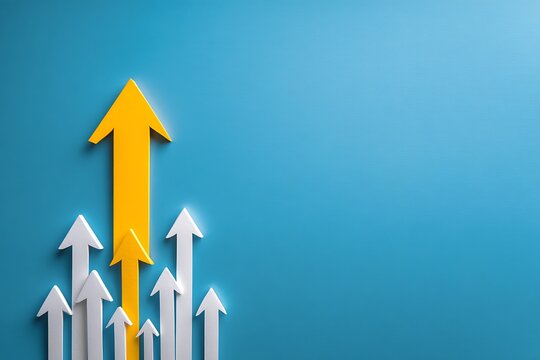 Yellow arrow leads white arrows upward on blue background symbolizing growth