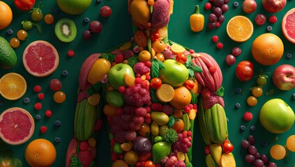 A human torso constructed from various fruits and vegetables, positioned atop a teal background.  Surrounding the torso are a multitude of fruit slices and whole fruits
