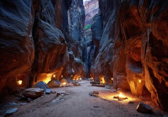 Canyon campsite lit by warm glow