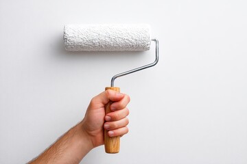 Obraz premium Hand holding a paint roller over a white surface
