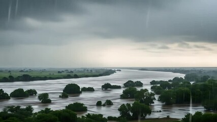 River floods landscape during heavy rainfall, representing nature disasters. Use this clip for climate change awareness, news, conservation projects, weather reports and environmental advocacy.  