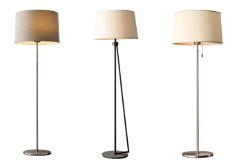 Collection of modern minimalist floor lamps with smooth metal stands isolated on a white or transparent background
