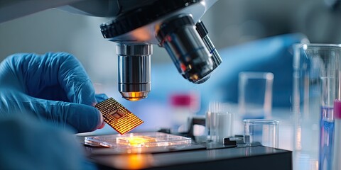 A scientist examines a microchip under a microscope in a laboratory setting