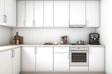 Fototapeta premium 3d render of minimalist white kitchen cabinet with coffee machine on one side and oven in center, front view against white wall background