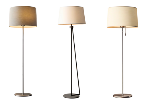 Collection of modern minimalist floor lamps with smooth metal stands isolated on a white or transparent background