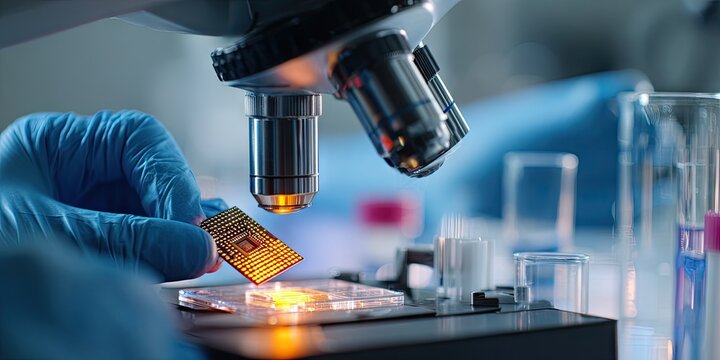 A scientist examines a microchip under a microscope in a laboratory setting