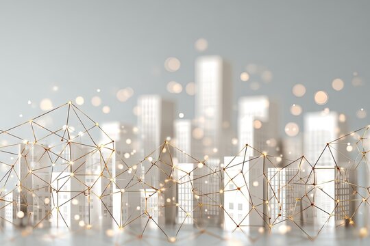 Abstract city skyline, interconnected by golden lines