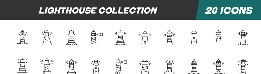 Collection of Icons of Lighthouse for Shops and Stores. Suitable for books, stores, shops. Editable stroke in minimalistic outline style. Symbol for design