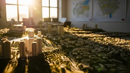 Scale model city illuminated by sunlight through windows in a building - Powered by Adobe