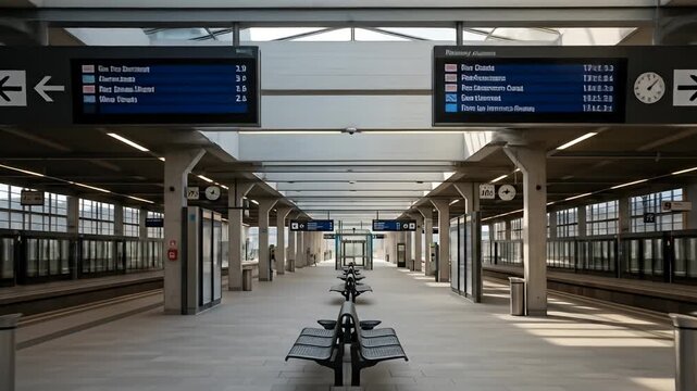Wide shot of an empty, modern train station platform, with rows of seating