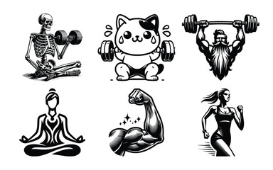 Vector art of diverse fitness and wellness icons featuring a skeleton lifting weights, a cute cat with dumbbells, a bearded man with a barbell, a meditating figure, a flexing arm, and a running woman