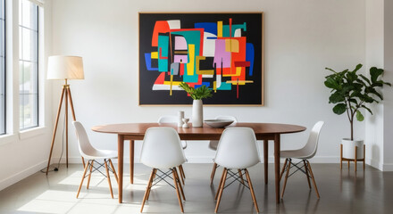 Mid-century modern dining area—oval walnut table, Eames-style chairs, and a bold abstract art piece