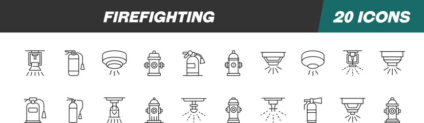 Collection of Signs of Firefighting. Suitable for books, stores, shops. Editable stroke in minimalistic outline style. Symbol for design