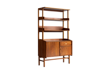 Mid-century modern wooden bookcase/bar unit.  Dark wood, curved top and bottom,  open shelving, two cabinet doors
