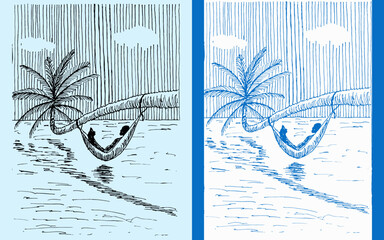 Hand-Drawn Tropical Palm Trunk with Hammock Scene