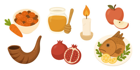 A Colorful Arrangement of Traditional Foods and Symbolic Items for a Celebration Rosh Hashanah, Jewish New Year.