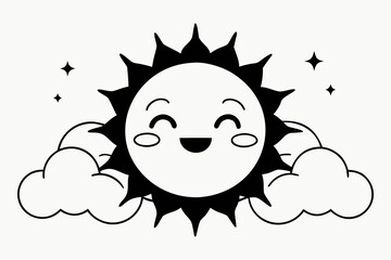 Cute kawaii sun character smiling behind clouds with sparkles