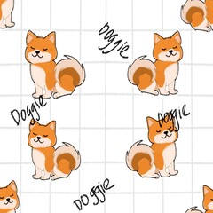 childish seamless patterns with dogs. Featuring shiba inu. cute cartoonish design with white background and words