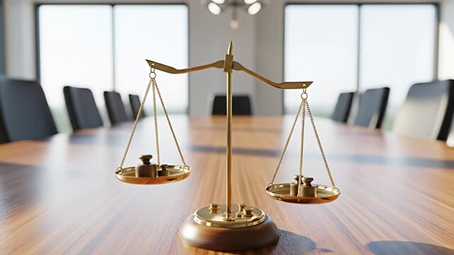 Golden scales in balance on polished table in conference room with chairs and windows