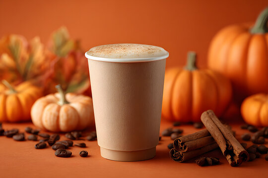 Seasonal coffee beverages and pumpkin spiced latte concept with a takeaway paper cup on orange background surrounded by cinnamon sticks and pumpkins with copy space for text