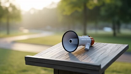 A megaphone rests on a podium, set in a sunny park, bathed in the golden light - Powered by Adobe