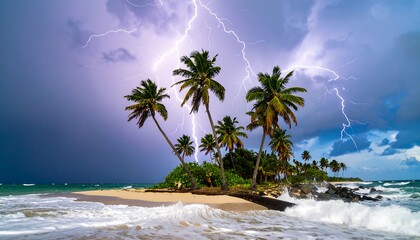 Fototapeta premium Tropical storm. Lightning strikes palm trees
