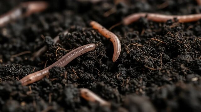 Earthworms crawl in dark, damp soil