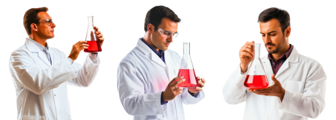 Collection of scientists in white lab coats holding conical flasks with bright red liquids isolated on a white or transparent background