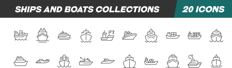 Collection of icons of Ships for Advertisement. Suitable for books, stores, shops. Editable stroke in minimalistic outline style. Symbol for design