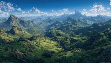 Obraz premium Panoramic view of a lush, mountainous landscape under a vibrant blue sky