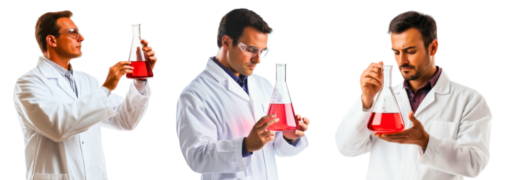 Collection of scientists in white lab coats holding conical flasks with bright red liquids isolated on a white or transparent background