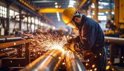 Worker in Protective Gear Welding Metal Pipes with Sparks Flying Inside a Manufacturing Factory