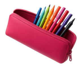 Pink pencil case with open zip showing colored pens and markers inside.