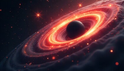 Illustrate a swirling accretion disk giving birth to a protosupermassive black hole possibly the first such cosmic delivery observed. Cinematic shallow depth of field. stock