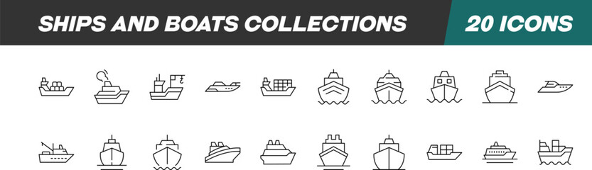 Line Signs of Ships for Adverts. Suitable for books, stores, shops. Editable stroke in minimalistic outline style. Symbol for design