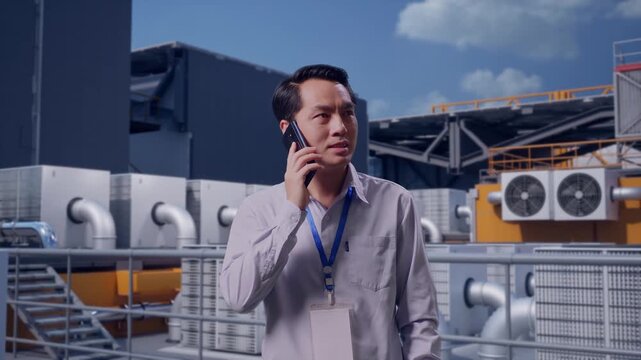 Asian Male Professional Worker Standing, Worker Inspecting Rooftop HVAC Units, He Pick The Phone Up And Started To Speaking With It