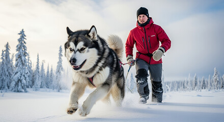Alaskan Malamute running alongside a human in winter clothing, teamwork in snowy wilderness