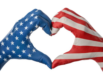 US flag painted on hands forming a heart isolated on white transparent background, american patriot pride, USA national holiday, memorial or veterans day, July 4, png cut out
