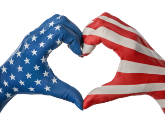 US flag painted on hands forming a heart isolated on white transparent background, american patriot pride, USA national holiday, memorial or veterans day, July 4, png cut out