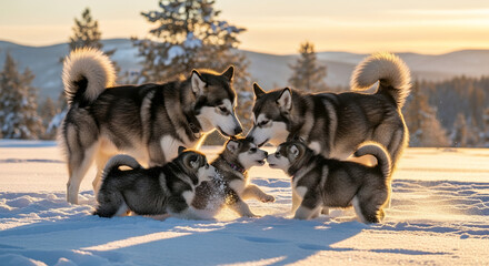 Naklejka premium Alaskan Malamute family with puppies playing together in the snow, warm golden sunset light