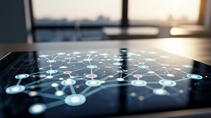 Close-up of a tablet displaying a connected network diagram with a blurred background - Powered by Adobe