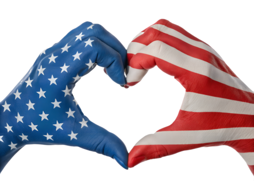 US flag painted on hands forming a heart isolated on white transparent background, american patriot pride, USA national holiday, memorial or veterans day, July 4, png cut out