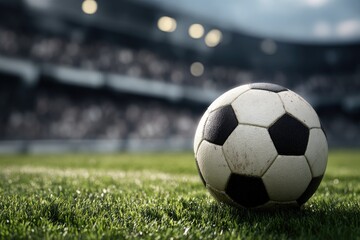 Fototapeta premium Soccer ball on grassy field, stadium background