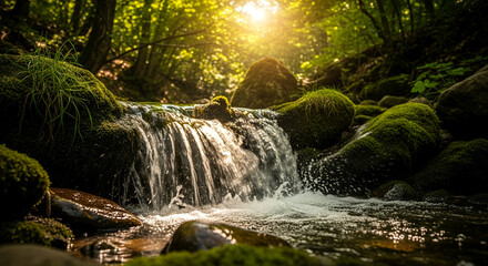Beautiful small waterfalls flow naturally through a green forest landscape, cascading over rocks and stones