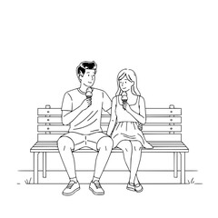 A couple enjoys ice cream together while sitting on a park bench in a simple black and white drawing