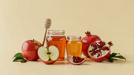 Fresh apples and pomegranates with honey jars on soft beige background, Rosh Hashanah celebration