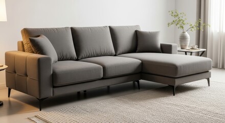 Modern grey sectional sofa with chaise lounge in a bright living room